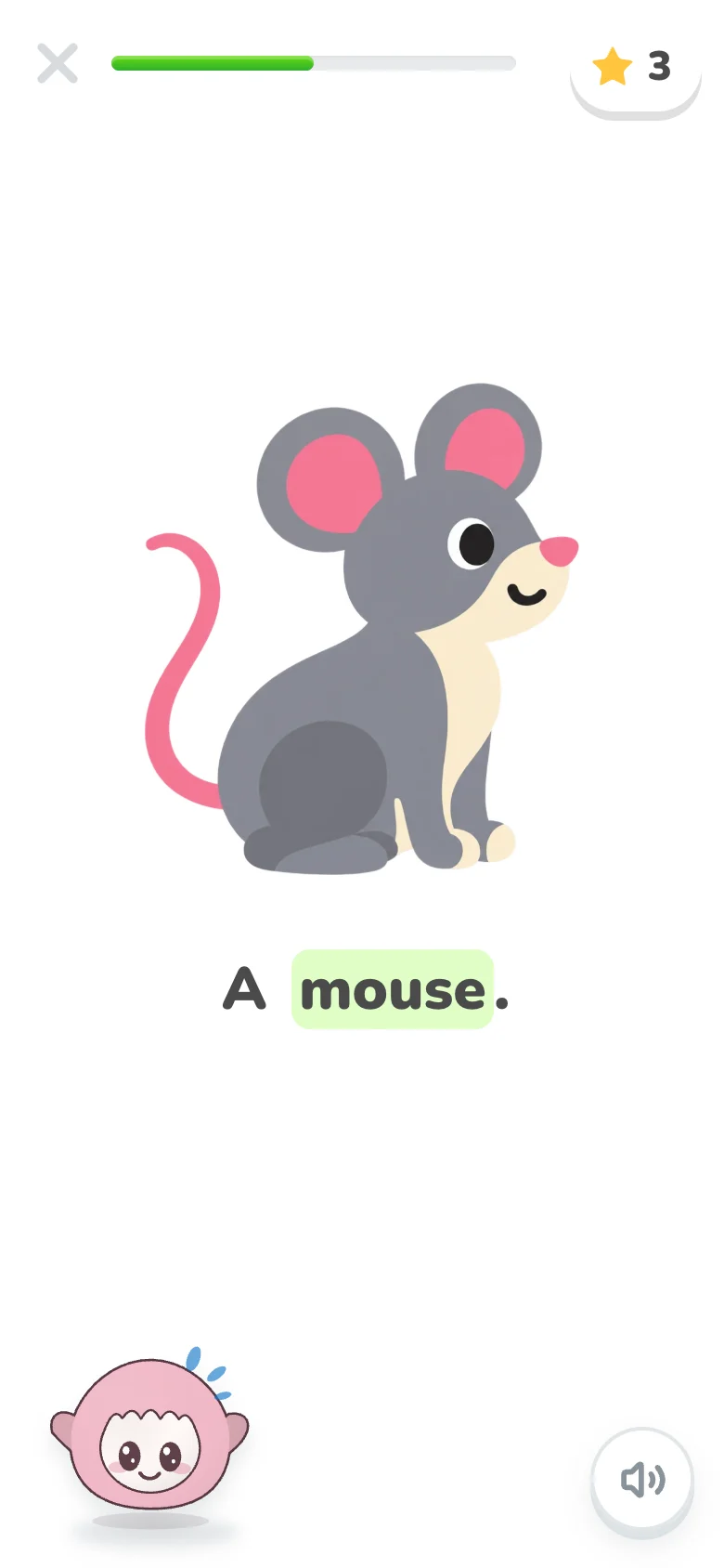 A story page: a picture of a mouse and the sentence A mouse.